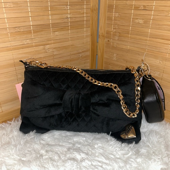 Juicy Couture Tied With A Bow Black Shoulder Bag evening bag gold chain NEW - Picture 2 of 9